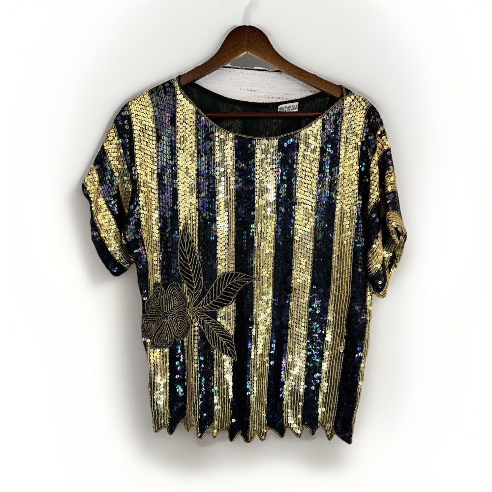 Vintage Silk Top S/M Gold Purple Green Floral Beaded Flower Fancy Party Flapper‎